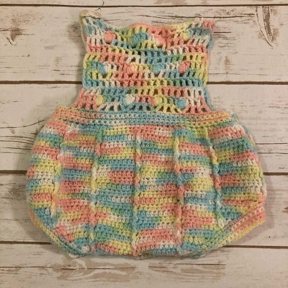 Vintage Handmade Crotchet Baby Pastel Rainbow Onesie 3-6 Months